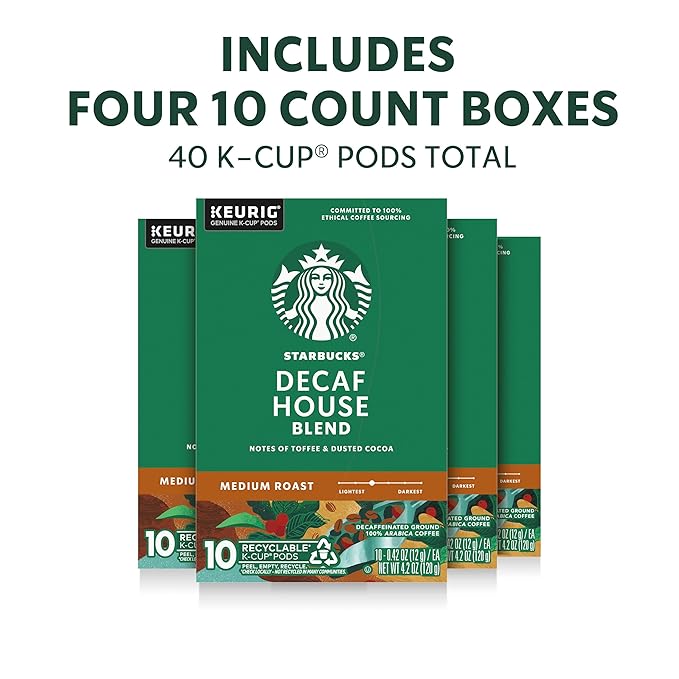 Starbucks K-Cup Coffee Pods Medium Roast Hot or Iced Coffee Decaf House Blend 40 Keurig Pods