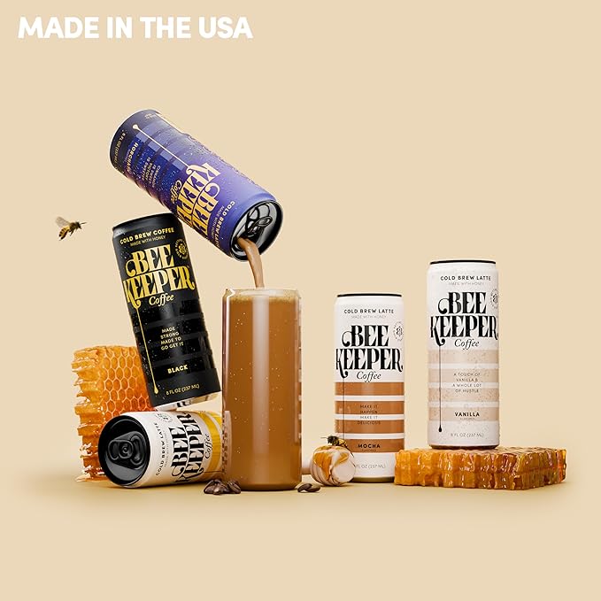 Beekeeper Horchata Latte Cold Brew Coffee Drinks with Oregon Honey | 12 Pack Refreshing Iced Coffee - Unsweetened &amp Strong Arabica Brew 8 fl oz Ready-to-Drink Can - 180mg Natural Caffeine