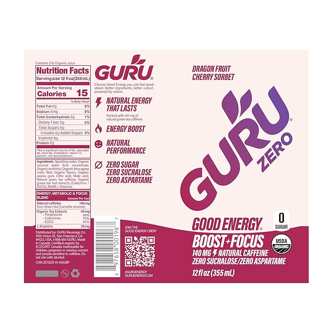 GURU ZERO SUGAR Dragon Fruit Cherry Sorbet Organic Energy Drink with Plant Based Natural Caffeine from Green Tea Coconut Water Prebiotic Zero Added Sugars Gluten Free &amp Vegan Pre Workout 140