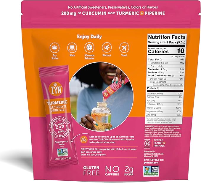 ZYN Electrolyte Drink Mix Hydration Packets Strawberry Yuzu Electrolytes Powder Hydration Packets w/Turmeric Curcumin Vitamin C &amp D Zinc Hydrate &amp Recover Electrolyte Powder Pack of 32