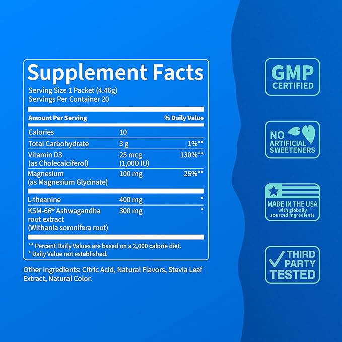 Nello Supercalm Powdered Drink Mix Cortisol Reducer* and Sleep Aid Supplement L Theanine Ksm-66 Ashwagandha Magnesium Glycinate Vitamin D 3 No Sugar Non GMO On The Go 20 Ct Yuzu Guava