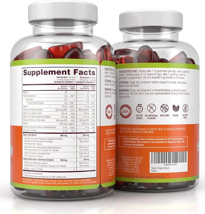 Vegan Collagen Gummies with Biotin Vitamins for Hair Skin and Nails Health (90 Chews) Collagen Support Superfruit Complex with Resveratrol Vitamin A E C - Replace Capsules Pills