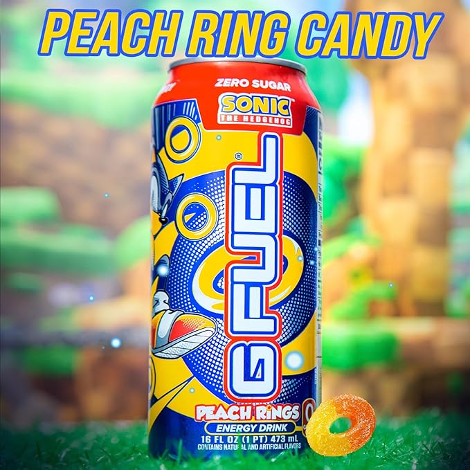 G Fuel Energy Drink Peach Ring Candy Sugar Free Beverage with 300mg Caffeine Daily Energy Boost with Focus Amino Vitamin + Antioxidants 16 oz Cans (Sonic 12-Pack)