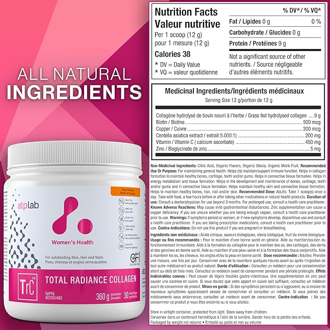 ATP LAB Total Radiance Collagen - Peach Mango Flavor 360g - Collagen Peptides Powder for Women - Hydrolyzed Collagen Protein Supplement with Biotin