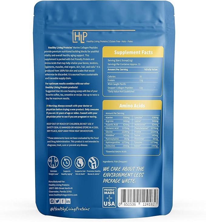 Healthy Living Proteins | Marine Collagen Peptides Type 1 &amp 111 | 24g Fish Protein Naturally Sourced Wild Fish Non-GMO | Keto &amp Paleo Gluten Free Kosher | Unflavored Powder (8 oz)