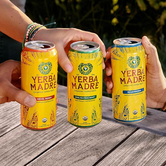 Yerba Madre Organic Yerba Mate Revel Berry 150mg Natural Caffeine Energy Drink Alternative No Jitters or Crash 15.5 Oz Cans (Pack of 12)