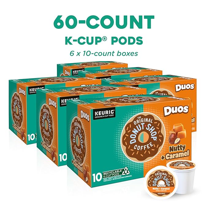 The Original Donut Shop Duos Nutty + Caramel Coffee Keurig Single Serve K-Cup Pods Light Roast Coffee 60 Count (6 Packs of 10)