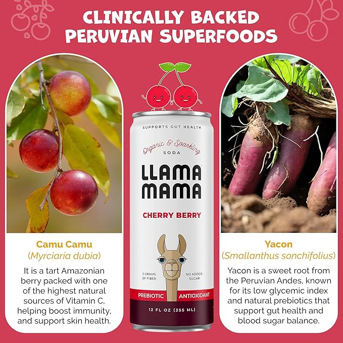 Llama Mama Cherry Berry Organic Sparkling Prebiotic Soda • Gut &amp Immune Support • High Vitamin C Antioxidants • NO Sugar • NO Artificial Sweeteners • NO Stevia • Vegan Plant Fiber • 12 Pack