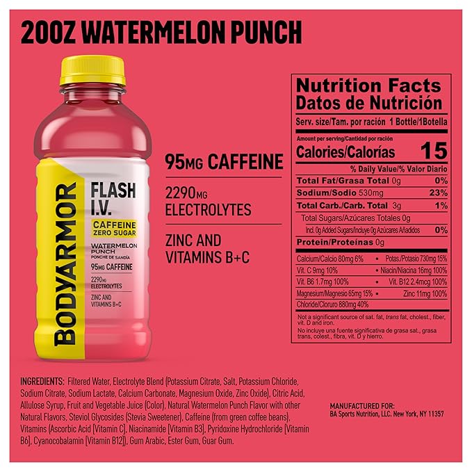 BODYARMOR Flash I.V. Zero Sugar + Caffeine Watermelon Punch Electrolyte Beverage Hydration Drink For Rapid Rehydration Post Workout Recovery 20 Fl Oz (Pack of 12)