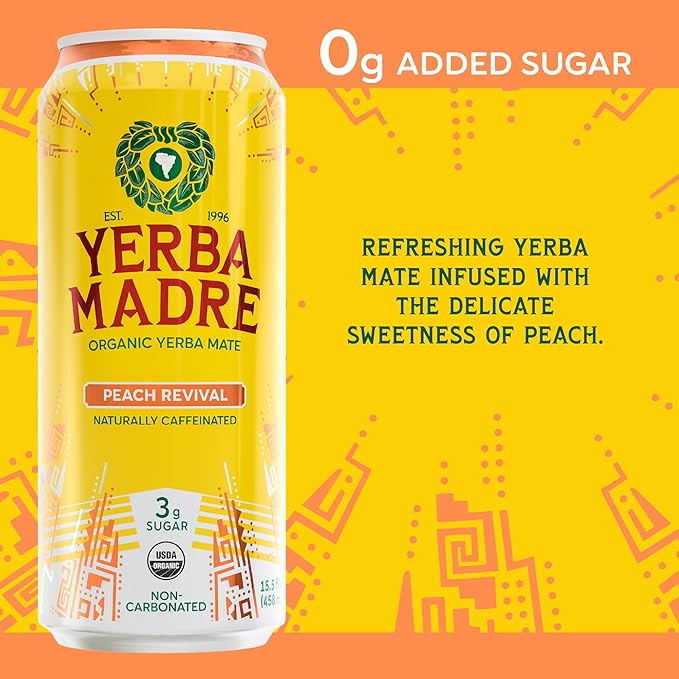 Yerba Madre Organic Yerba Mate Low Sugar Peach Revival 150mg Natural Caffeine Energy Drink Alternative No Jitters or Crash 15.5 Oz (Pack of 12)