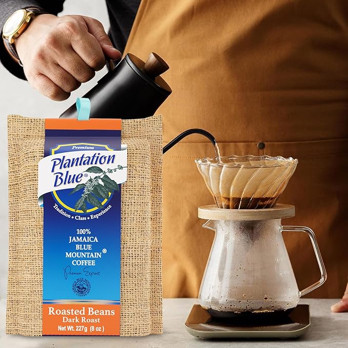 Plantation Blue Jamaica Blue Mountain Coffee Bundle – 8oz Dark Roast Whole Beans &amp 1lb Medium Roast Ground