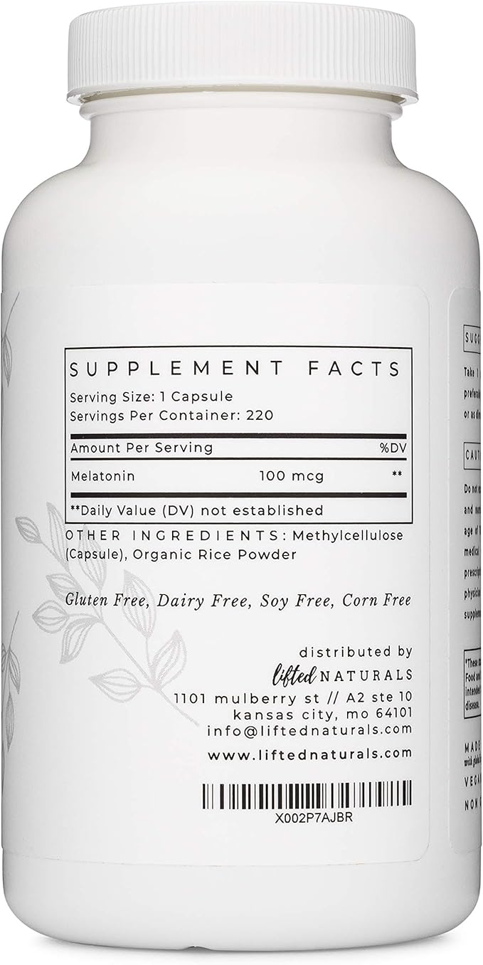 Lifted Naturals Micro Melatonin Family Size - Melatonin for Fast &amp Better Sleep Easy to Swallow 220 Vegetable Capsules with Low Dose Melatonin Non-GMO Fast Dissolve Melatonin 100 mcg