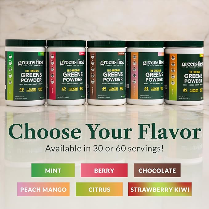 Greens First Original Greens Powder - 49 Superfoods - Organic Fruits &amp Veggies - Prebiotics Probiotics &amp Digestive Enzymes - Antioxidant Smoothie - Dairy Free Vegan &amp Non-GMO (Mint 60 S