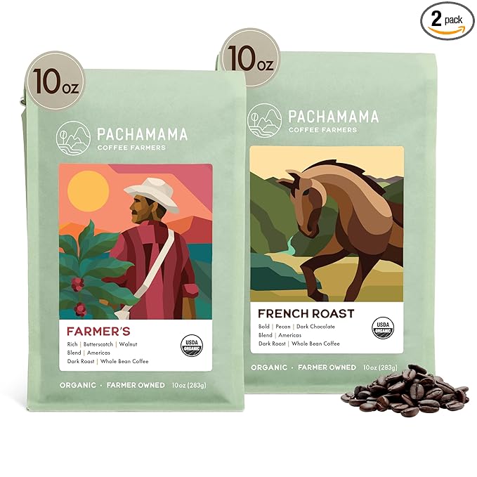 Pachamama Organic Coffee - Dark Roast Whole Bean Coffee Bundle - 2x10 oz bags - French Roast + Farmer's Blend - Farmer Owned &amp Regenerative