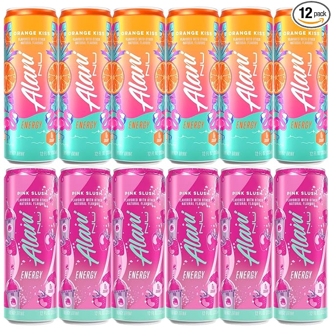 Generic Alani Energy Drinks Variety Pack - (Pack Of 12) - 2 Different Flavors : Pink Slush and Orange Kiss - 12 fl.oz. Can - By The Munchie Mix
