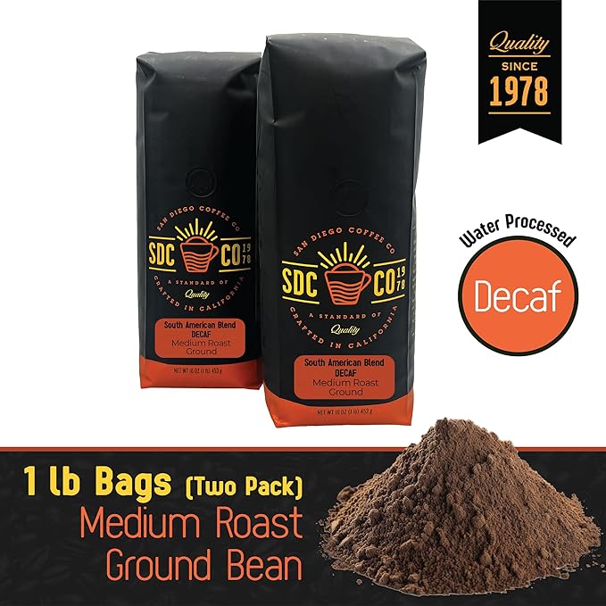 San Diego Coffee DECAF South American Blend Medium Roast Ground Coffee 16-Ounce Bags (Pack of 2) Café descafeinado molido tostado