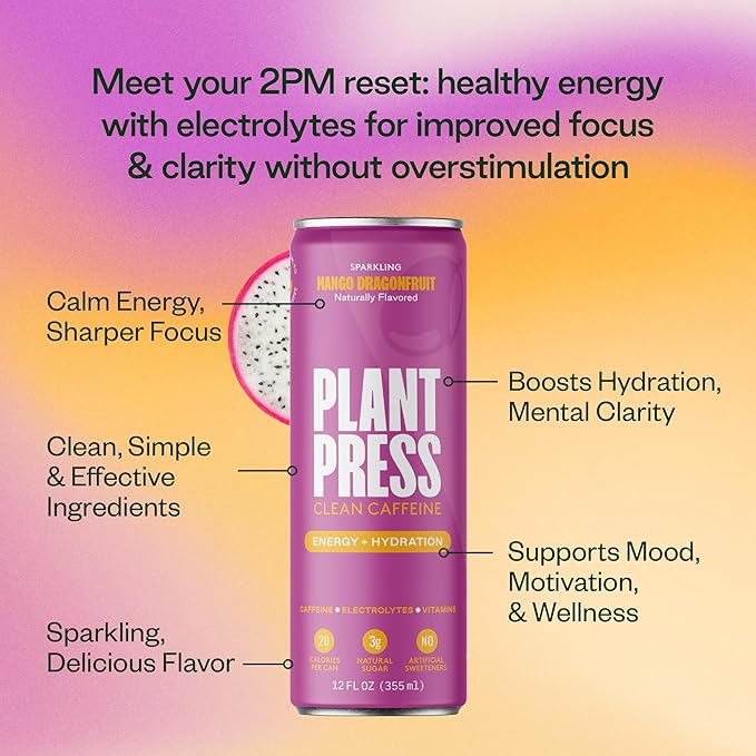 Plant Press - Organic Energy Drink 100 mg Caffeine Clean Coffee Alternative Full Range of Vitamins Electrolytes No Sugar Alcohols No Preservatives (12 Fl Oz (Pack of 12) Mango Dragonfruit)