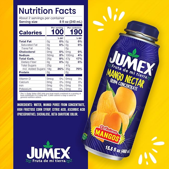 Jumex Mango Nectar Lata Botella - Made with Fresh Fruit Puree - Mango Juice Concentrate for Tropical Fruit Smoothie Mix Cocktail Mixers &amp Kids Beverages - 15.5oz 12 Pack Resealable Juice Bottles