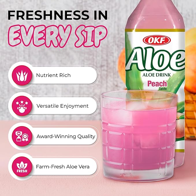 OKF Aloe Vera Drink Juice with Pure Aloe Pulp Variety 16.9 oz. (Peach Pack of 20) Plant Based Drink Korean drinks