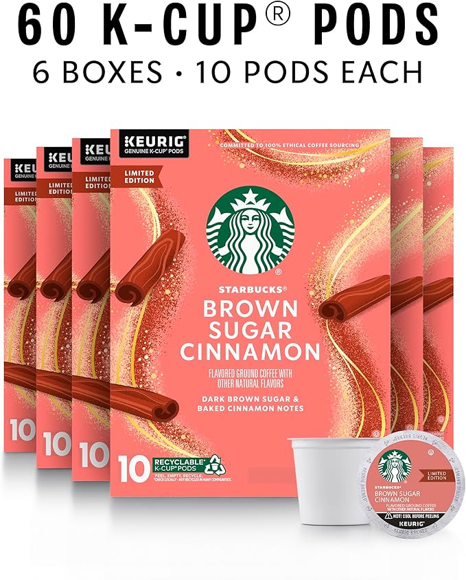 Starbucks K-Cup Coffee Pods Flavored Hot or Iced Coffee Brown Sugar Cinnamon 60 Keurig Pods