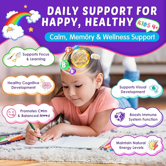 Kids Brain Gummies with Lion's Mane Mushroom Methyl B6 B9 B12 Super Greens Lutein Brain Booster Supplement for Focus &amp Attention Cognitive Function Vision &amp Energy Sugar Free Vegan 6
