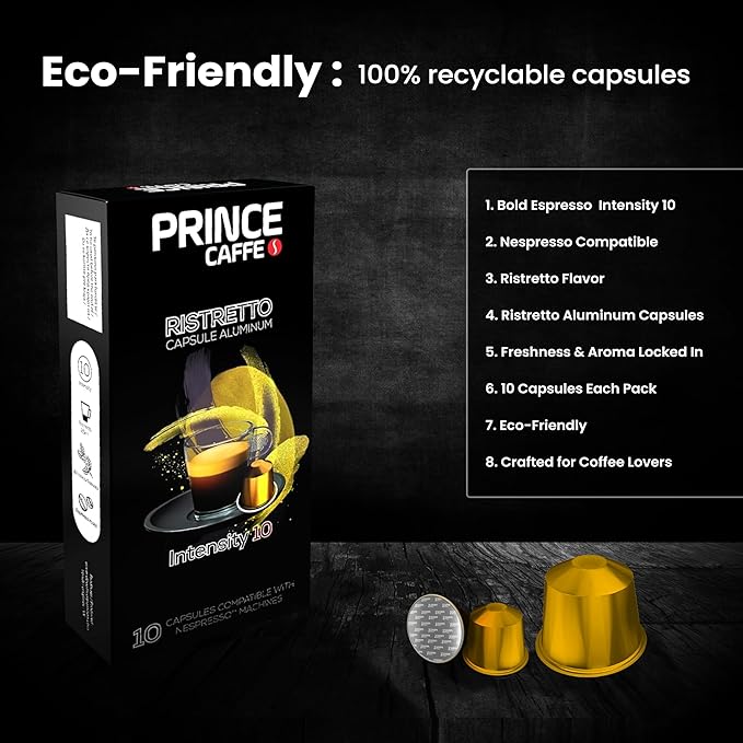Prince Caffe Espresso Pods – Ristretto Intensity 10 Dark Roast The Espresso Coffee Pods Are Compatible with Nespresso Original Line Machines 30 Count (3 x 10 Capsules) Premium Quality Coffee Capsul
