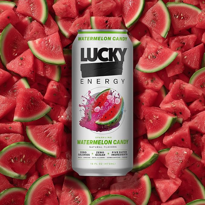 Lucky Energy Sugar Free Energy Drinks Watermelon Candy 16oz Cans (12-Pack) Healthy Zero Sugar Energy Drink with Maca Ginseng Beta-Alanine Taurine &amp 200mg Caffeine