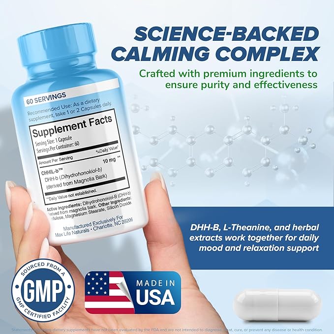 Chill Pill Happy Pills Mood Stabilizer Women and Men with Magnolia Bark 60 Capsules Formulated in USA - DHH-B Dihydrohonokiol-B Calm Pills Minerals and Chill Formula for Relaxation and Health Balance