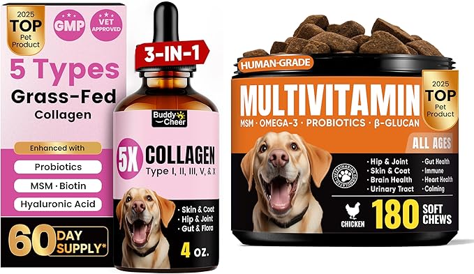 Dog Skin &amp Daily Wellness Support Bundle – Collagen Liquid Drops with Multivitamin Chews for Overall Health