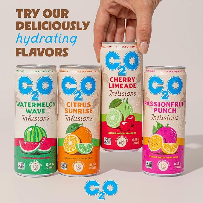 C2O - Coconut Water Infusions - Watermelon Wave (12 Pack) - 700mg of Electrolytes - Made with Fresh Coconut Water + Real Fruit Juice - Plant Based Natural Hydration Non GMO - 12 Slim Cans 10.5 fl oz