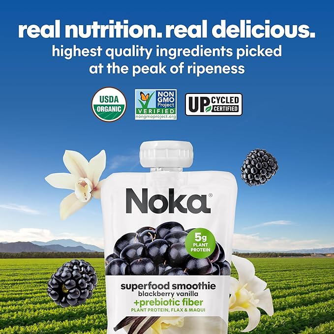 Noka Superfood Fruit Smoothie Pouches Blackberry Vanilla Healthy Snacks with Flax Seed Plant Protein and Prebiotic Fiber Vegan and Gluten Free Snacks Organic Squeeze Pouch 4.22 oz 12 Count