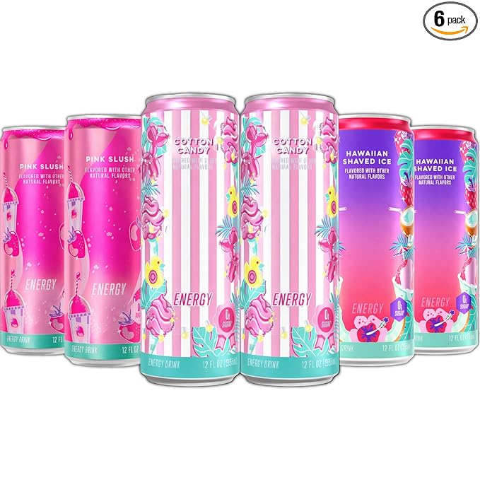 New Alanni Energy Drink Assorted 6 Pack – Cotton Candy Pink Slush &amp Hawaian Shaved Ice Flavors – Sweet Refreshing Powerful Energy Boost Drinks Zero Sugar 12 fl oz Cans