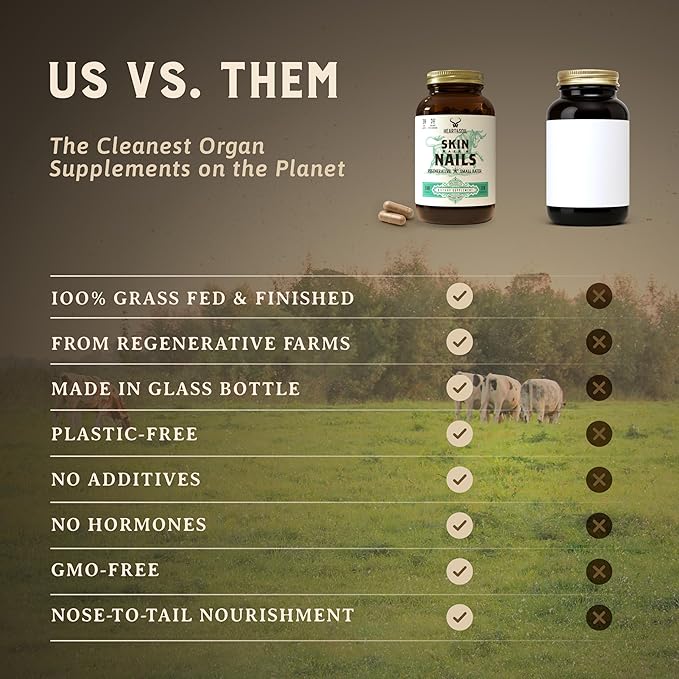 Heart &amp Soil – 100% Grass Fed &amp Finished Hair Skin and Nails Supplement from Regenerative Cattle with Cartilage Liver &amp Bone Marrow – 3000mg Beef Organs for Women &amp Men – Glass Bottl