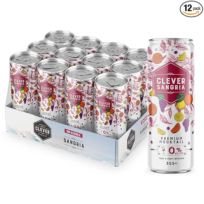 CLEVER - Sangria Nonalcoholic Mocktails for Any Occasion Refreshing Beverages with Citrus &amp Botanical Extracts Low-Calorie Mocktails Non-alcoholic Drinks with 70 Calories Pack of 12 (12 oz Ea)