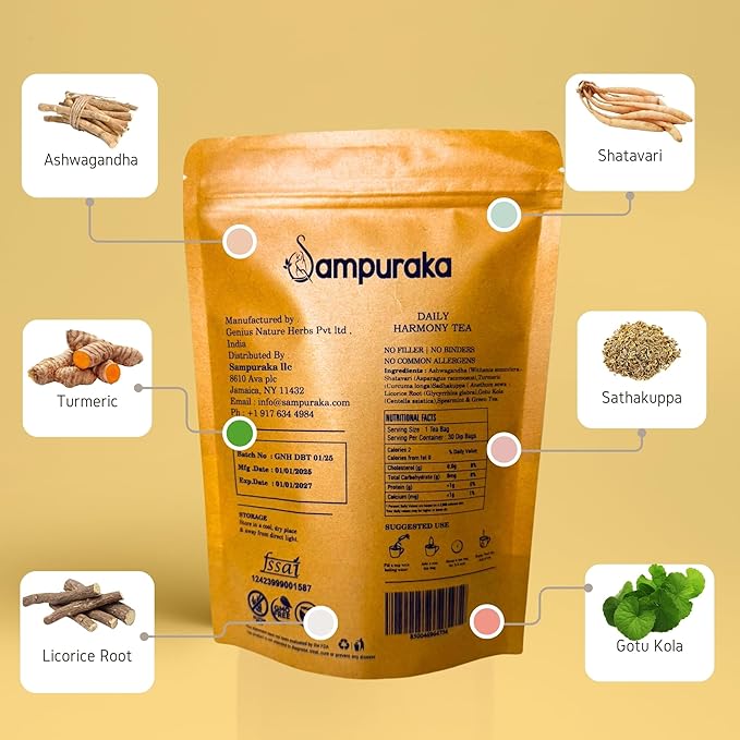 Sampuraka Daily Harmony Tea - Traditional 8-Herb Blend 30 Premium Pyramid Sachets with Ashwagandha &amp Spearmint (3)