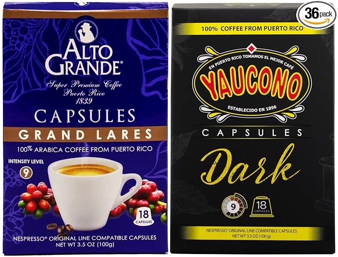 Alto Grande Super Premium and Yaucono 100 Percent Coffee From Puerto Rico Capsules Compatible with Nespresso Machines 36 Count (18 Yaucono 18 Alto Grande Grand Lares)