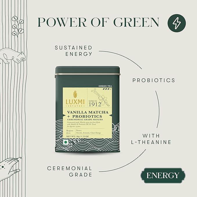 Luxmi Estates Vanilla Matcha with Priobiotics (50 g) Organic Matcha Tea Rich in Antioxidants Tea for Relaxing