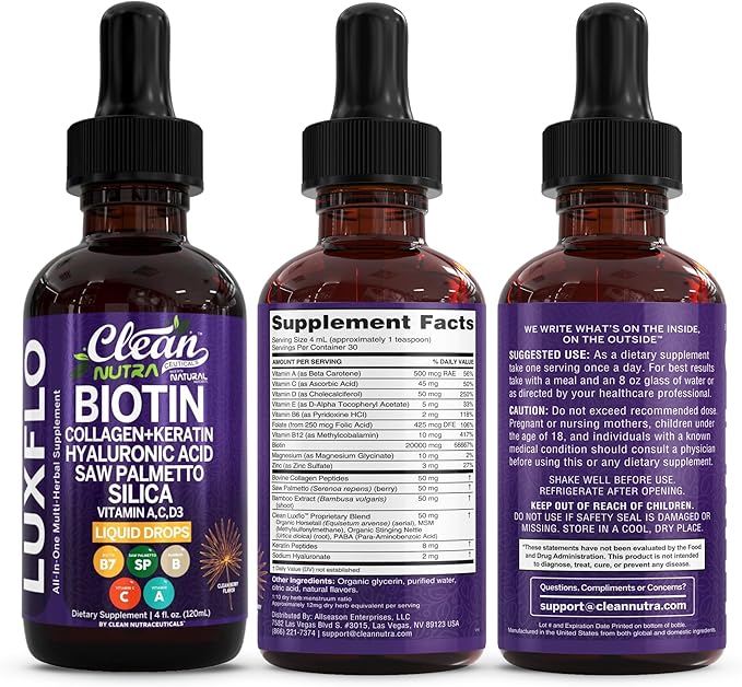 Liquid Biotin &amp Collagen Keratin Hyaluronic Acid Saw Palmetto Drops Vitamins for Hair Growth Support Silica Vitamin A C D Bamboo Turmeric Zinc Folate Magnesium Horsetail LuxFlo By Clean Nutra