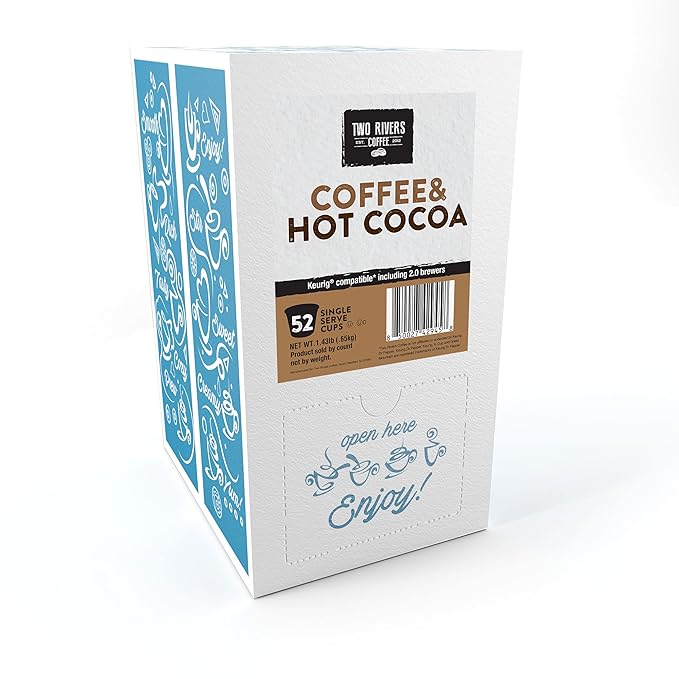 Two Rivers Coffee &amp Hot Chocolate Pods Sampler Compatible with K Cup Brewers Including 2.0 Single Serve Cocoa Variety Pack 52 Count