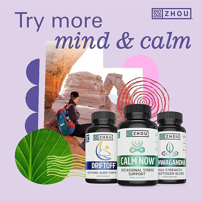 Zhou Calm Now - Calm Supplement Calm Vitamins for Women &amp Men Pills to Relax for Adults with GABA &amp Ashwagandha Stress &amp Focus Support - 60 Veggie Capsules