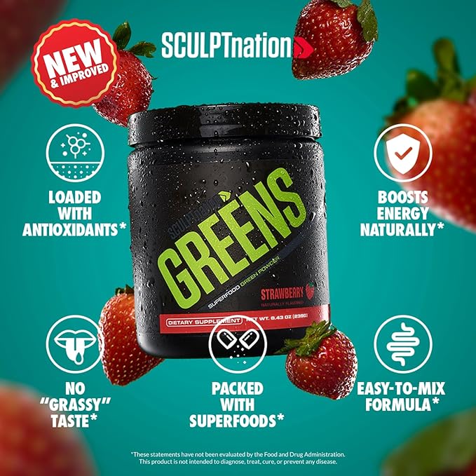 Sculpt Nation by V Shred Greens Strawberry - Premium Greens Powder &amp Superfood Blend with Collagen to Support Skin Digestion and Energy - 30-Day Supply