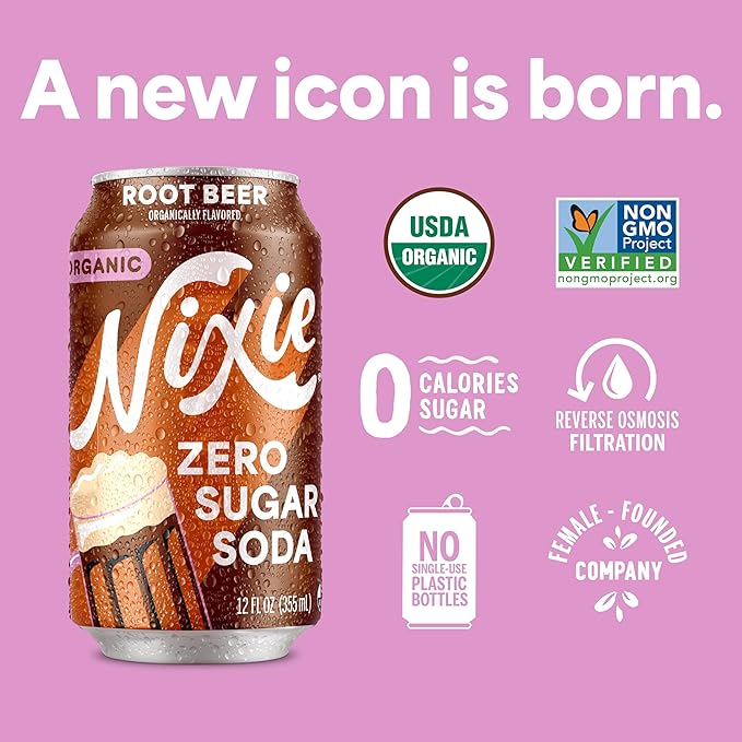 Nixie Organic Zero Sugar Soda Root Beer Healthy Soda Pop Non-GMO 0 Sugar 0 Calories Caffeine Free 12oz Cans (12 Pack)