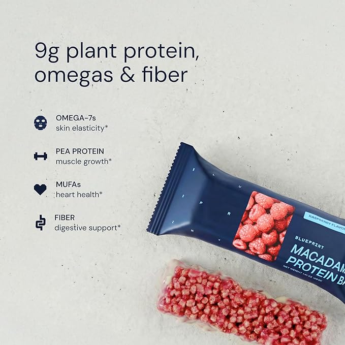 Blueprint Bryan Johnson Macadamia Nut Protein Bar - 9G Plant Protein - Healthy Fats - Supports Muscle Growth - Low Carb &amp Sugar - Natural Ingredients - Vegan Keto Snack (Raspberry - 12 Pack)