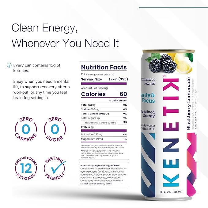 KENETIK Caffeine-Free Focus Drink – Brain Fuel for Mental Clarity and Cognitive Endurance Sugar-Free Bioidentical Ketones (D-BHB) 12oz – 6 Pack Blackberry Lemonade