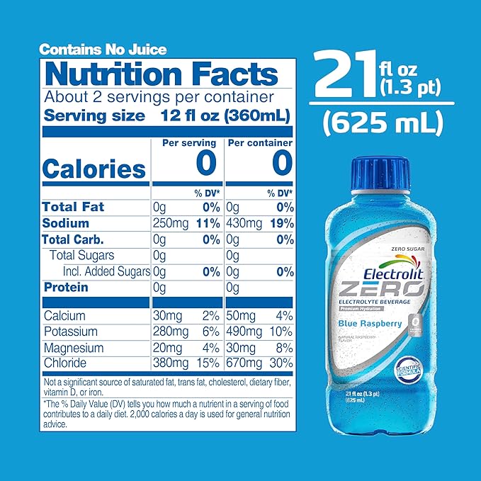 Electrolit Zero Electrolyte Beverage Blue Raspberry 21 Fl Oz bottle (Pack of 12)