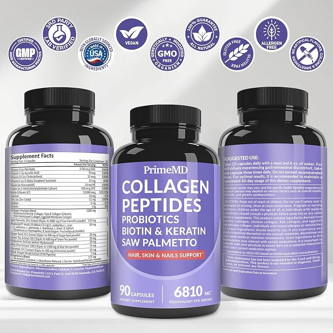 27-in-1 Hair Skin and Nails Vitamins (6810mg) with Biotin 10000mcg - Collagen Supplements for Men and Women - Keratin Supplements with Probiotics and Saw Palmetto 90ct