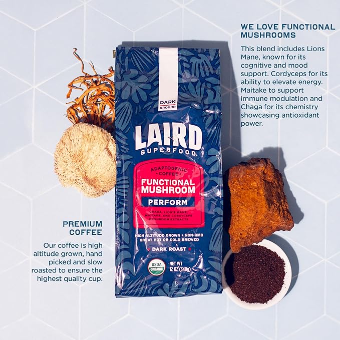 Laird Superfood Peruvian Dark Roast Coffee with Functional Mushrooms Certified Organic Peruvian Ground Coffee Beans Gluten-Free Dairy-Free Non-GMO Paleo Keto Friendly 12 oz. Bag (Pack of 2)