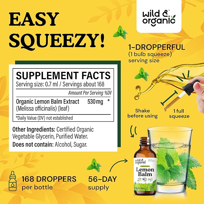Wild &amp Organic Lemon Balm Tincture - Mood Support Supplement - Melissa Lemon Balm Leaf Extract Drops - Vegan Sugar &amp Alcohol-Free Calming Supplement - 4 fl oz