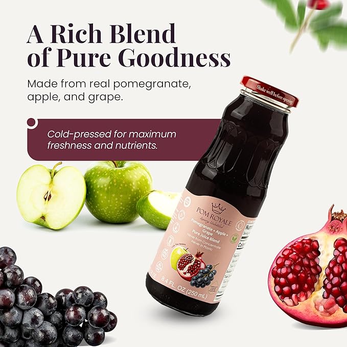 Pure Pomegranate Apple &amp Grape Juice 8.4oz Glass Bottle (Pack of 12) Cold Pressed Juice Not from Concentrate Non-GMO No Sugar Added Gluten Free Preservative Free
