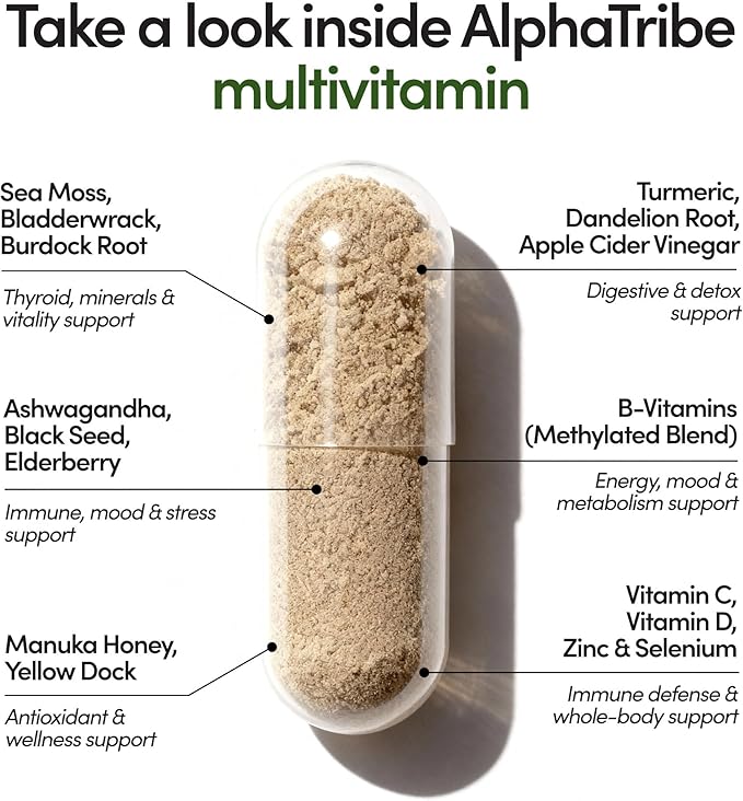 Alpha Tribe Multivitamin for Men &amp Organizer w/Seamoss Black Seed Oil Ashwagandha Burdock Root Turmeric Bladderwrack Vitamin C Elderberry Manuka | Daily Men's Vitamins &amp Minerals Supplemen